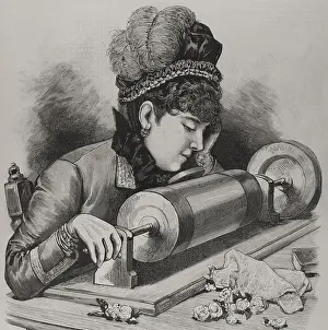 Nineteenth Century Clothing Prints: A 'prima donna' singing by using Edison's phonograph receiver, 1878