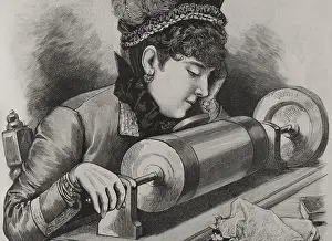Thomas Edison Invention Prints: A 'prima donna' singing by using Edison's phonograph receiver, 1878