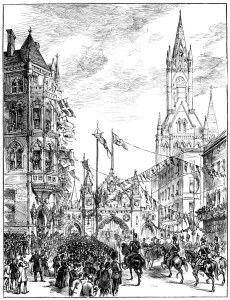 Procession approaching the Town Hall, Manchester, 1887 Procession approaching the Town Hall, Manchester, 1887
