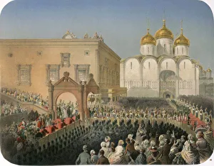 Procession of of Tsarina Alexandra Feodorovna to the Cathedral of the Dormition, Moscow, 1856. Artist: Mihaly Zichy Procession of of Tsarina Alexandra Feodorovna to the Cathedral of the Dormition, Moscow, 1856. Artist: Mihaly Zichy