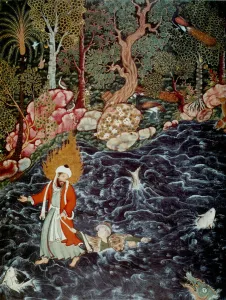 The prophet Elijah rescuing Prince Nur ad-Dahr (From the Hamzanama), 1562-1577. Artist: Mir Sayyid Ali (c) The prophet Elijah rescuing Prince Nur ad-Dahr (From the Hamzanama), 1562-1577. Artist: Mir Sayyid Ali (c)