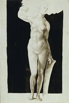 Renaissance Female Figures Prints: Proportion study of female nude with a shield, 1500. Artist: Durer, Albrecht (1471-1528)