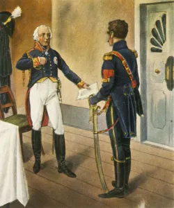 Prints of Prussian General Courbiere, Commandant of Graudenz, and French envoy Savary, 1807, (1936). Der Preussiche General Courbiere, Kommandant Von Graudenz, Und Der Franzosische Unterhandler Savary. 1807 Rovigo Prints: Prussian General Courbiere and French Envoy Savary, 1807 Print