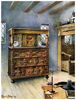 The Putnam Cupboard of English oak and cedar, and carved settle of American oak, 1910.Artist: Edwin Foley The Putnam Cupboard of English oak and cedar, and carved settle of American oak, 1910.Artist: Edwin Foley
