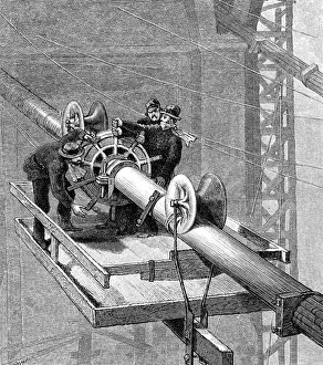 Civil Engineering History Prints: Putting wire wrapping around the suspension cables, Brooklyn Suspension Bridge, 1883
