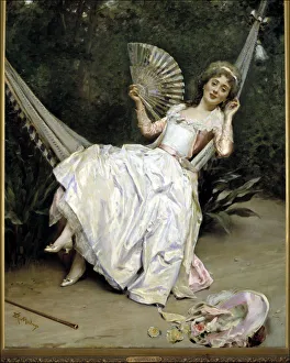 Print of a Young Woman Relaxing in a Hammock, Oil on Canvas