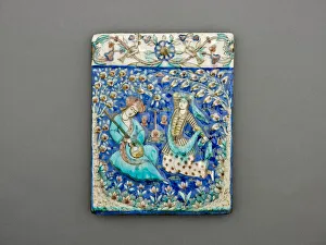 Persian Decorative Arts Prints: Rectangular Tile with Musician and Dancer, Qajar dynasty (1796-1925), 19th century