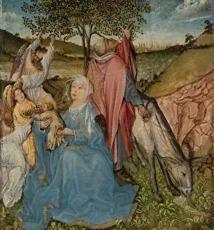 Medieval Christian Art Prints: The Rest on the Flight, reverse: painted marble panel in a stone frame