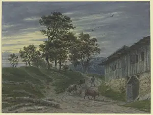 Rural Landscape Painting Prints: Return of the herd to the stable in the evening, 1853. Creator: Jakob Maurer