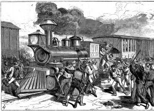 Riot by railroad workers at Martinsburg on the Baltimore-Ohio Railroad, USA, 1877 Riot by railroad workers at Martinsburg on the Baltimore-Ohio Railroad, USA, 1877