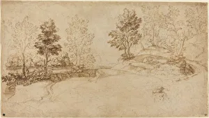 River Landscape Print, 19th Century Watercolor