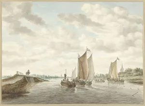 River Landscape with Various Barges Print