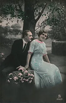 Blue Dress Woman Prints: Romantic postcard, c1910