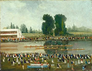 Rowing Scene: Crowds Watching from the River Banks, late 19th century. Creator: E. Levy Rowing Scene: Crowds Watching from the River Banks, late 19th century. Creator: E. Levy
