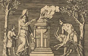 The sacrifice of a ram held by a naked man at right, hooded priest at left with a..., ca The sacrifice of a ram held by a naked man at right, hooded priest at left with a..., ca