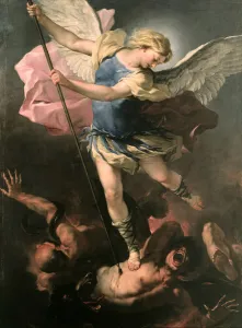 Prints of Saint Michael the Archangel, ca 1663. Found in the collection of the Staatliche Museen, Berlin Luca Giordano Prints: Print of Saint Michael the Archangel in a 17th-century depiction