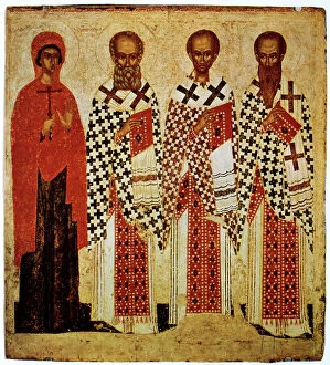 Images Dated 24th August 2005: Saints Paraskeve, Gregory the Theologian, John Chrysostom and Basil the Great, early 15th century