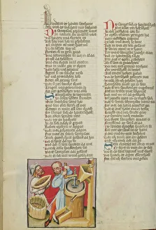 Biblical Scene Depiction Prints: Samson Working in the Corn Mill; Weltchronik, about 1400-1410. Creator: Unknown