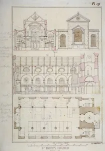 British Christian Heritage Prints: Section, elevation and ground plan of St Brides Church, Fleet Street, City of London, 1840