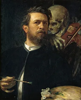 Self-portrait with Death Playing the Fiddle, 1872. Artist: Bocklin, Arnold (1827-1901) Self-portrait with Death Playing the Fiddle, 1872. Artist: Bocklin, Arnold (1827-1901)