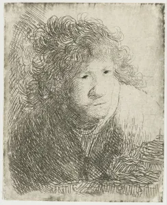 Rembrandt Self Portrait Prints: Self-Portrait, Leaning Forward, Listening, 1628. Creator: Rembrandt van Rhijn (1606-1669)