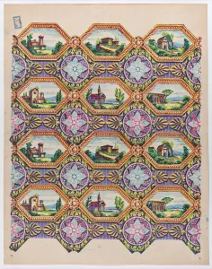 Sheet with pattern of brightly colored landscapes in hexagonal frame... late 18th-mid-19th century. Creator: Anon Sheet with pattern of brightly colored landscapes in hexagonal frame... late 18th-mid-19th century. Creator: Anon