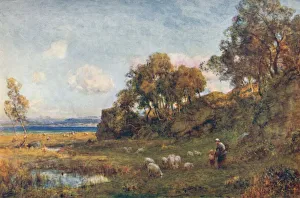 Sheltered Pastures Print, c1900: Sheep by a River
