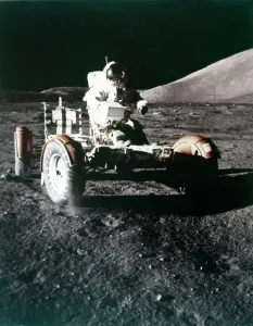 Prints of Eugene Cernan using the Rover on the lunar surface, Apollo 17 mission, December 1972 Shoot For The Moon Prints: Apollo 17 Lunar Roving Vehicle Print