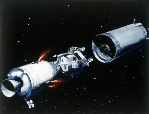 Simulation showing the separation of the component parts of the Apollo 11 spacecraft, 1969 Simulation showing the separation of the component parts of the Apollo 11 spacecraft, 1969