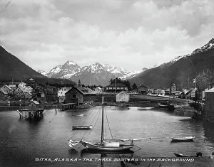 Black And White Mountain Range Prints: Three Sisters Mts. (background), between c1900 and c1930. Creator: Unknown