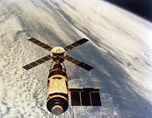 Skylab in orbit above Earth at the end of its mission, 1974. Creator: NASA Skylab in orbit above Earth at the end of its mission, 1974. Creator: NASA