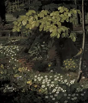 Print of a forest landscape with blooming trees in spring