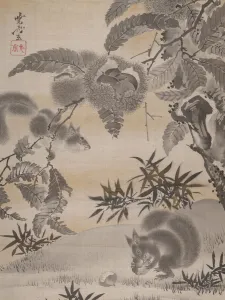 Kawanabe Kyosai Artwork Prints: Squirrels Gathering Chestnuts, ca. 1887. Creator: Kawanabe Kyosai
