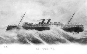 Monochrome Water Transport Prints: SS Mongolia in heavy seas, c1903-c1917