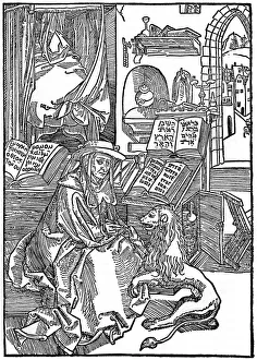 Prints of St Jerome in his study pulling a thorn from a lions paw, 1492, (1936). Frontispiece to a collection of St. Jeromes letters Images Dated 2007 October: Albrecht Durer's 1492 Print of St Jerome Removing a Thorn from a Lion