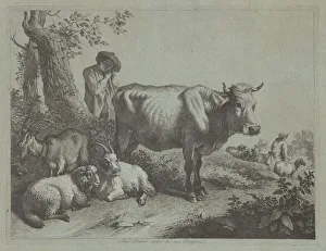 Standing Cow and a Shepherd Boy with Flock, 1760s. Creator: Francesco Londonio Standing Cow and a Shepherd Boy with Flock, 1760s. Creator: Francesco Londonio