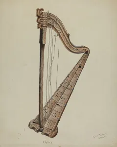 Stringed Instrument Design Prints: Stringed Harp, c. 1939. Creator: Grace Thomas