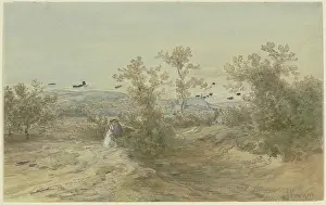 Heritage Art Images Prints: Strollers on a road through a shrub-covered plain, c1850-1905. Creator: Anton Burger
