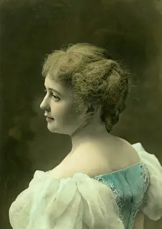 Studio portrait print of a woman in formal attire, circa 1902