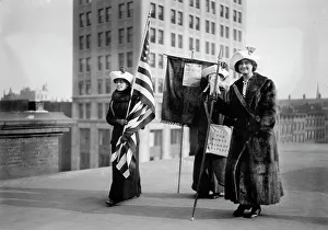 American Suffrage Movement Prints: Suffragettes with flag, between c1910 and c1915. Creator: Bain News Service