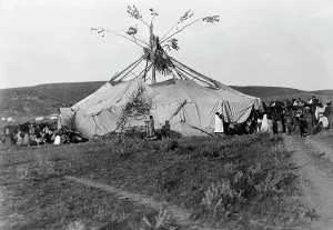 Native American Ceremony Prints: Sun dance in progress-Cheyenne, c1910. Creator: Edward Sheriff Curtis