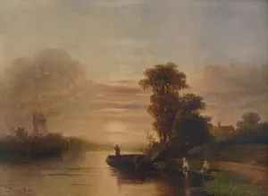 Historical Landscape Artwork Prints: Sunset on a River, with Windmill and Cottage