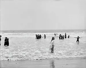 Early 20th Century Beach Life Prints: Surf bathing, between 1900 and 1905. Creator: Unknown