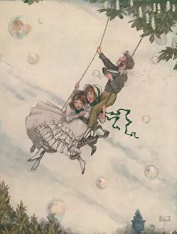 W Heath Robinson Illustration Prints: The Swing Moves and the Bubbles Fly Upward, c1930. Artist: W Heath Robinson