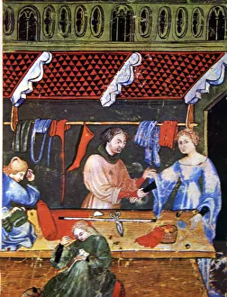 Images Dated 14th June 2013: Heritage Images Print of 14th Century Tailoring Miniature