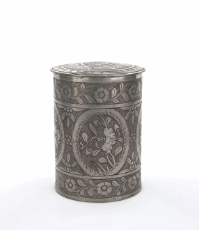 Tea caddy print, an antique wooden box with intricate carvings