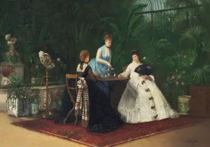 Genre Oil Paintings Prints: Tea in the conservatory, 1893. Creator: Samson, Jeanne (active 19th century)