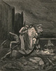 Dante's Inferno Prints: My teacher sage aware, thrusting him back, c1890. Creator: Gustave Doré