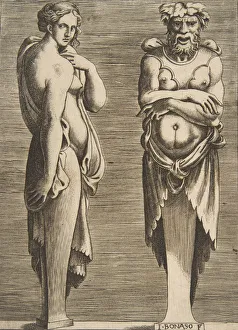 Metropolitan Museum Of Art Engravings Prints: Two Terms, a Nymph at left Silvanus at right, ca. 1530-50. Creator: Giulio Bonasone