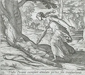 Antonio Tempesta Etching Prints: Thisbe Killing Herself, published 1606. Creators: Antonio Tempesta, Wilhelm Janson